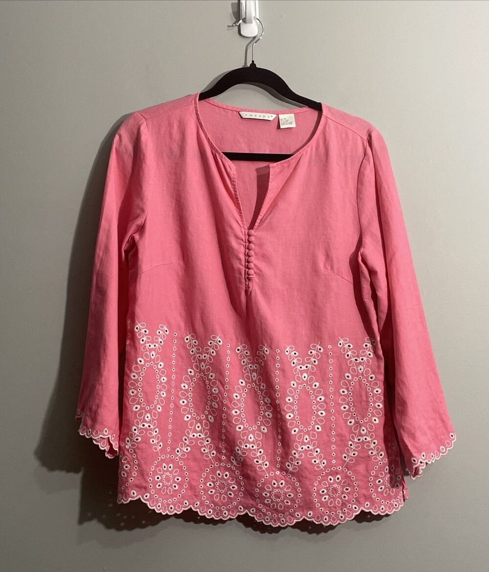 Tweeds Pink Linen Top Women’s Medium Long Sleeve Lightweight Blouse